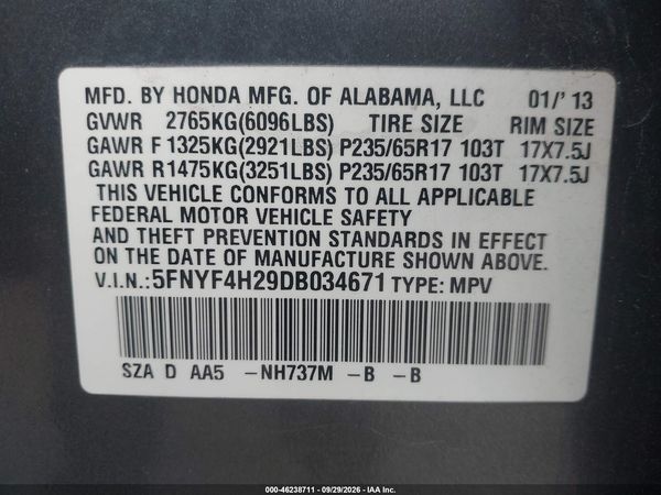 2013 HONDA PILOT LX — I9