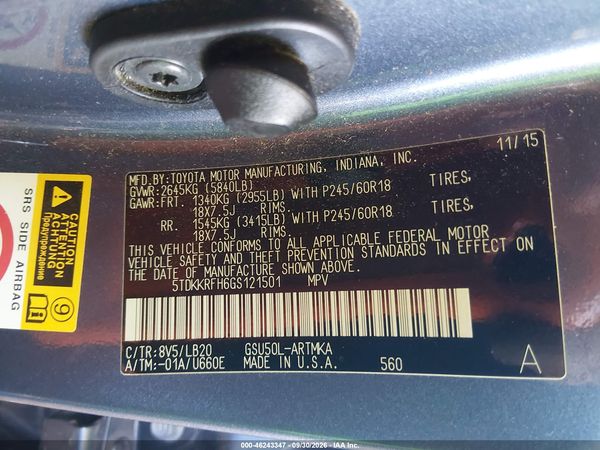 2016 TOYOTA HIGHLANDER XLE V6 — I9