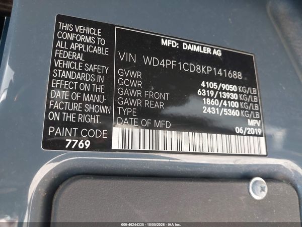 2019 MERCEDES-BENZ SPRINTER 2500 HIGH ROOF V6 — I9