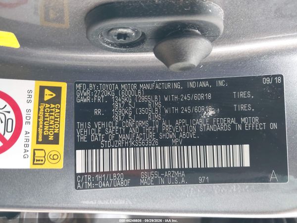 2019 TOYOTA HIGHLANDER XLE — I9