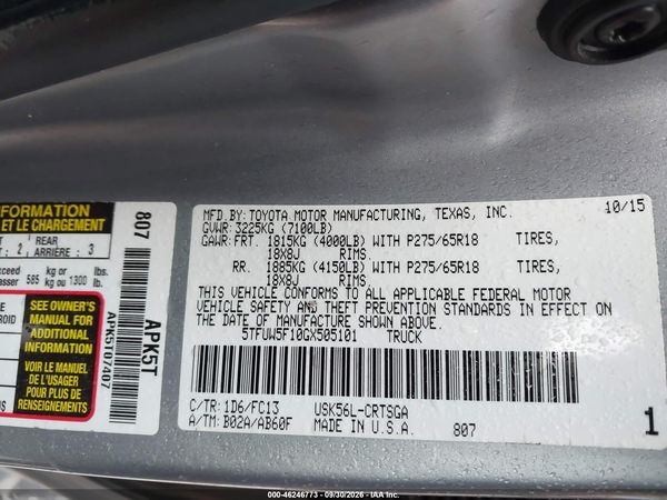 2016 TOYOTA TUNDRA SR5 5.7L V8 — I9