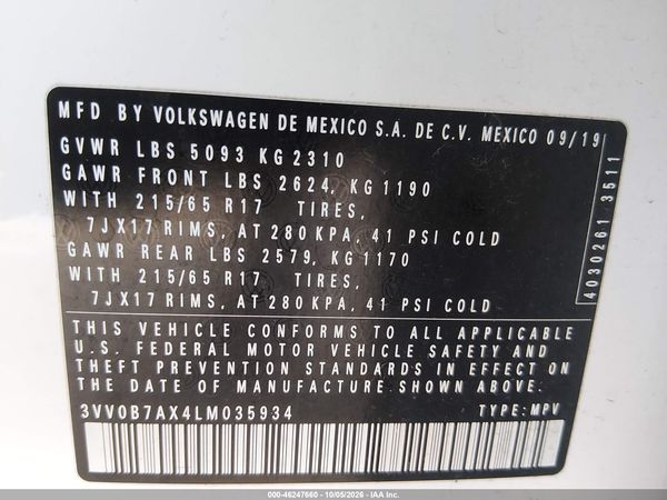 2020 VOLKSWAGEN TIGUAN 2.0T S — I9