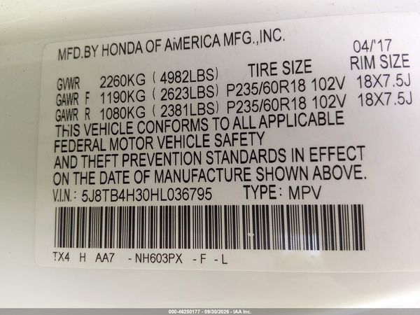 2017 ACURA RDX ACURAWATCH PLUS PACKAGE — I9