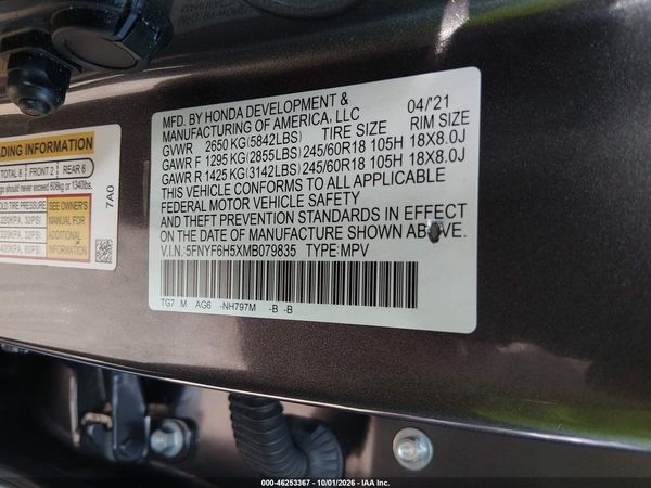2021 HONDA PILOT AWD EX-L — I9