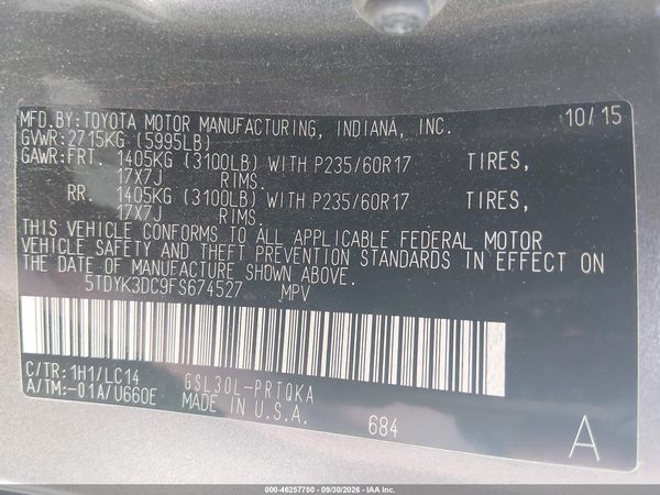 2015 TOYOTA SIENNA XLE PREMIUM 8 PASSENGER — I9