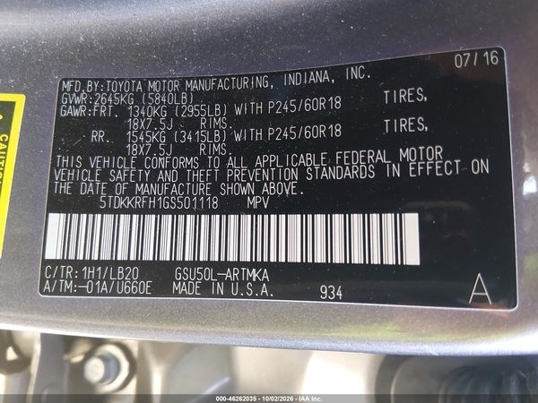 2016 TOYOTA HIGHLANDER XLE V6 — I9