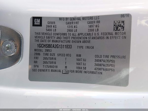 2016 CHEVROLET COLORADO WT — I9