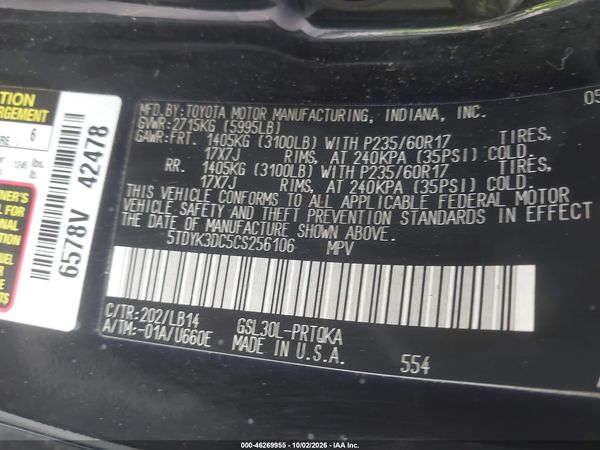 2012 TOYOTA SIENNA XLE V6 8 PASSENGER — I9