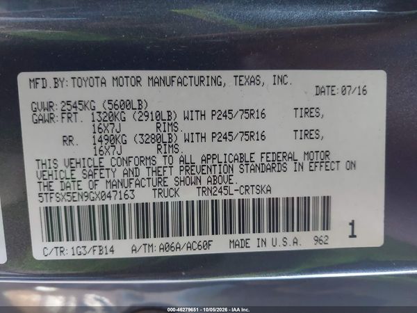 2016 TOYOTA TACOMA SR — I9
