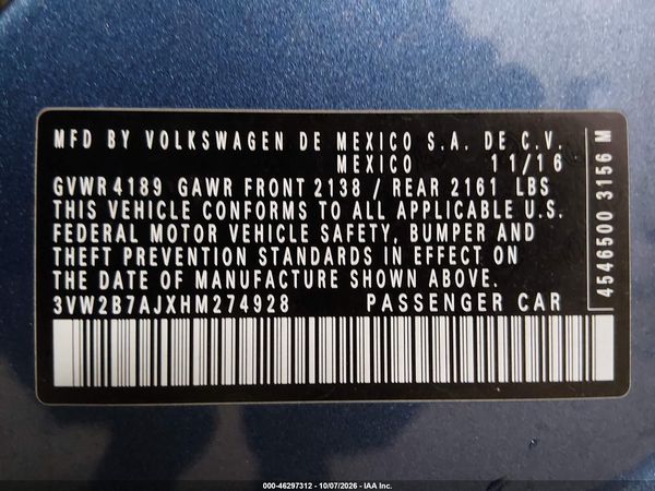 2017 VOLKSWAGEN JETTA 1.4T S — I9
