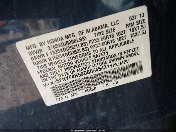 2013 HONDA PILOT EX-L — I9