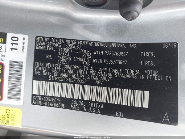 2016 TOYOTA SIENNA LE 8 PASSENGER — I9