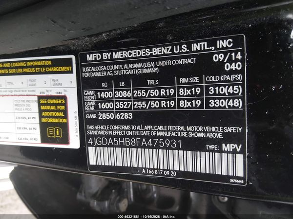 2015 MERCEDES-BENZ ML 350 4MATIC — I9