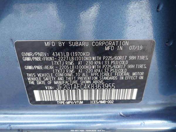 2019 SUBARU CROSSTREK 2.0I PREMIUM — I9