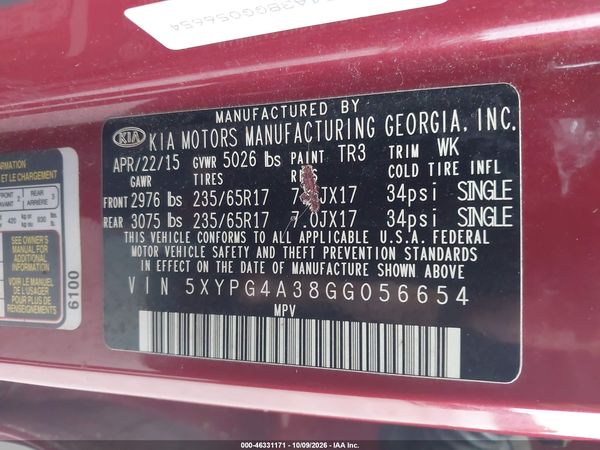 2016 KIA SORENTO 2.4L LX — I9