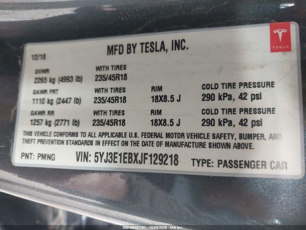 2018 TESLA MODEL 3 LONG RANGE/PERFORMANCE — I9