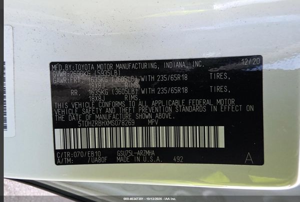 2021 TOYOTA HIGHLANDER XLE — I9