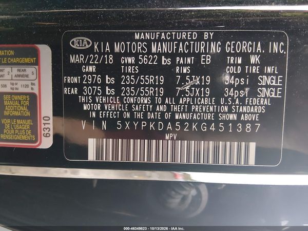 2019 KIA SORENTO 3.3L SXL — I9