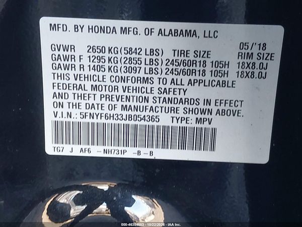 2018 HONDA PILOT EX — I9