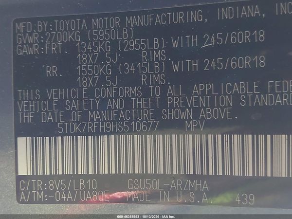 2017 TOYOTA HIGHLANDER XLE — I9