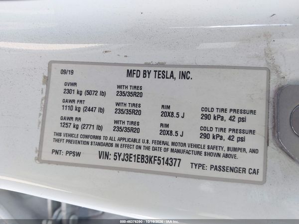 2019 TESLA MODEL 3 LONG RANGE/PERFORMANCE — I9