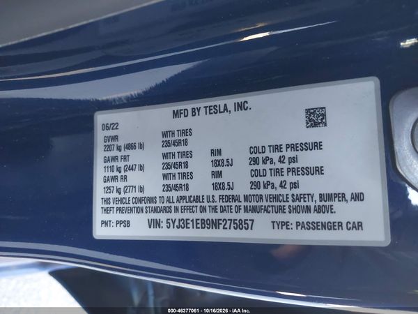 2022 TESLA MODEL 3 — I9