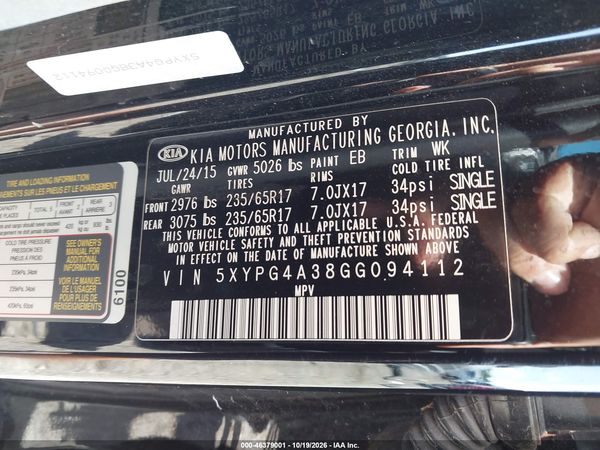 2016 KIA SORENTO 2.4L LX — I9