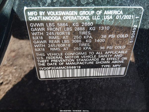2021 VOLKSWAGEN ATLAS 2.0T S — I9