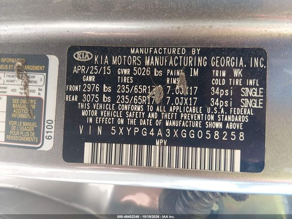 2016 KIA SORENTO 2.4L L — I9