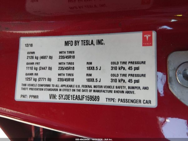 2018 TESLA MODEL 3 LONG RANGE/MID RANGE — I9