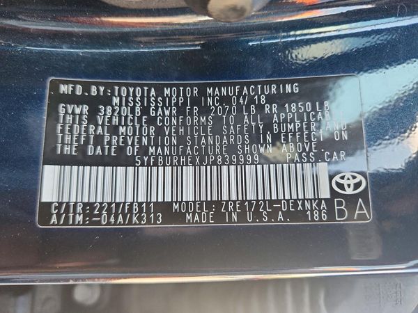 2018 TOYOTA COROLLA L/LE/SE/XLE/XSE — VINS