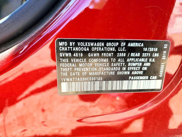 2017 VOLKSWAGEN PASSAT S