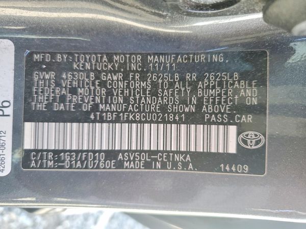 2012 TOYOTA CAMRY — VINS
