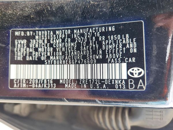 2016 TOYOTA COROLLA L/LE