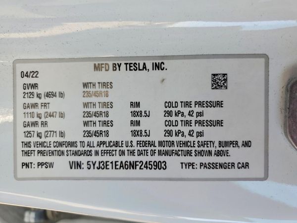 2022 TESLA MODEL 3