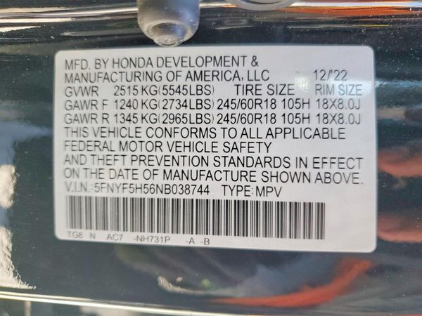2022 HONDA PILOT EXL — VINS
