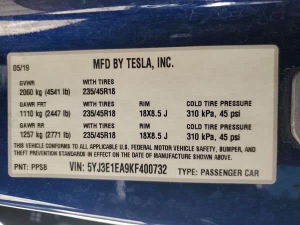 2019 TESLA MODEL 3