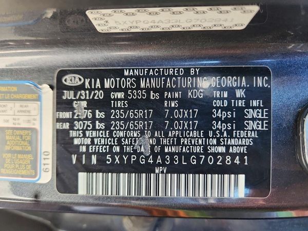 2020 KIA SORENTO L, LX, S
