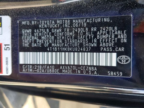 2019 TOYOTA CAMRY L/LE/SE/XLE — VINS