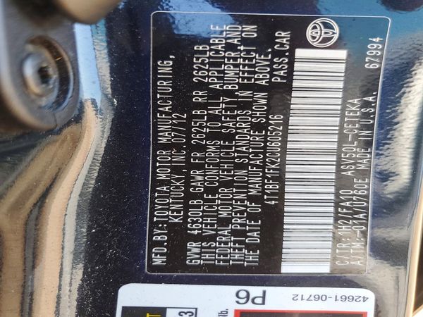 2012 TOYOTA CAMRY — VINS