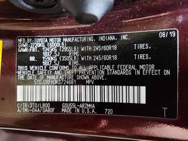 2019 TOYOTA HIGHLANDER SE/XLE — VINS