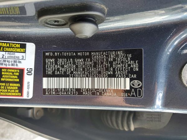 2016 TOYOTA COROLLA L/LE