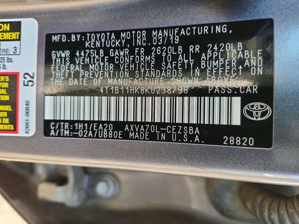 2019 TOYOTA CAMRY L/LE/SE/XLE — VINS