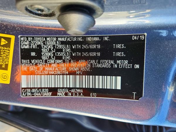 2019 TOYOTA HIGHLANDER SE/XLE — VINS
