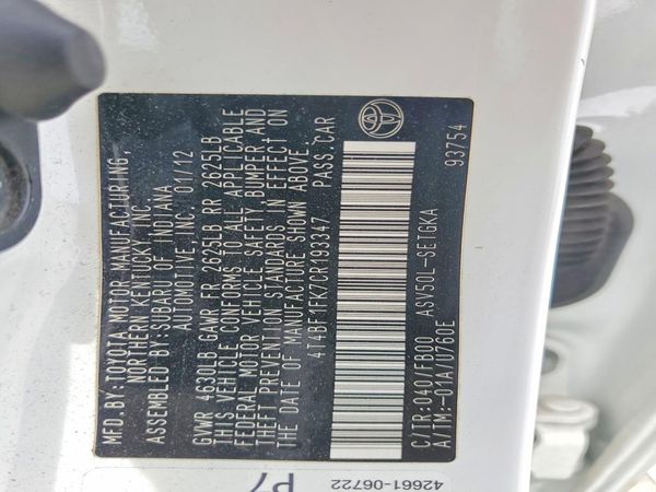 2012 TOYOTA CAMRY — VINS