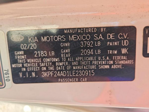 2020 KIA FORTE FE, LXS