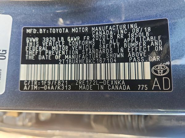 2019 TOYOTA COROLLA L/LE/SE/XLE/XSE — VINS