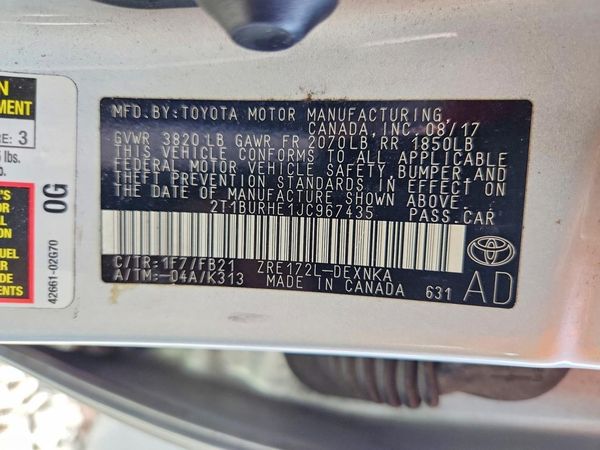 2018 TOYOTA COROLLA L/LE/SE/XLE/XSE — VINS