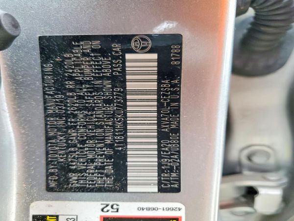 2019 TOYOTA CAMRY L/LE/SE/XLE — VINS