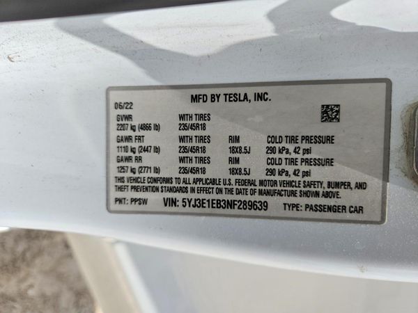 2022 TESLA MODEL 3 — VINS